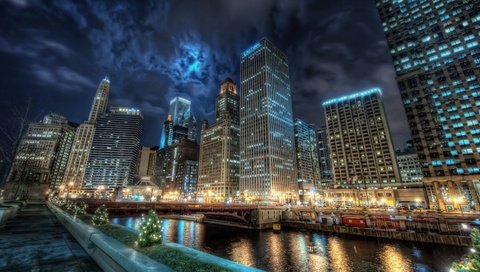 Обои река, мост, небоскребы, ночной город, чикаго, river, bridge, skyscrapers, night city, chicago разрешение 1920x1080 Загрузить