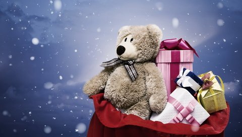 Обои новый год, зима, подарки, плюшевый мишка, new year, winter, gifts, teddy bear разрешение 1920x1200 Загрузить