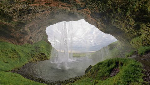 Обои река, исландия, природа, селйяландсфосс, скала, northern cave, водопад сельяландсфосс, водопад, поток, мох, пещера, долина, river, iceland, nature, seljalandsfoss, rock, seljalandsfoss waterfall, waterfall, stream, moss, cave, valley разрешение 1920x1080 Загрузить