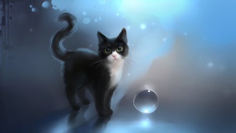 Обои глаза, арт, рисунок, кошка, котенок, пузырь, apofiss, eyes, art, figure, cat, kitty, bubble разрешение 1920x1080 Загрузить