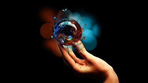 Обои рука, черный фон, бабочки, пальцы, стеклянный шар, hand, black background, butterfly, fingers, glass globe разрешение 1920x1200 Загрузить