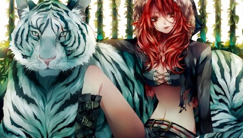 Обои тигр, девушка, красные волосы, tiger, girl, red hair разрешение 2560x1600 Загрузить