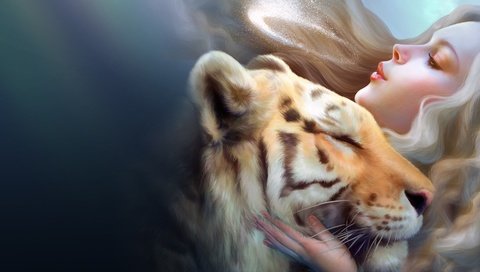 Обои тигр, арт, девушка, фэнтези, профиль, любовь, магия, tiger, art, girl, fantasy, profile, love, magic разрешение 1920x1080 Загрузить