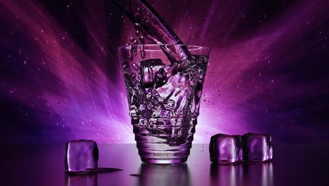Обои свет, брызги, вода, кубики, фон, напитки, капли, стакан, цвет, льдинки, прозрачный, фиолетовый, лёд, light, squirt, water, cubes, background, drinks, drops, glass, color, transparent, purple, ice разрешение 2000x1250 Загрузить