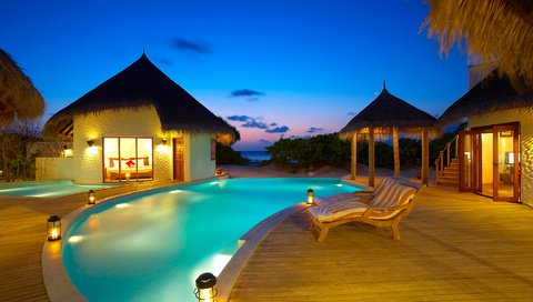 Обои бассейн, бунгало, тропики, мальдивы, pool, bungalow, tropics, the maldives разрешение 2000x1330 Загрузить