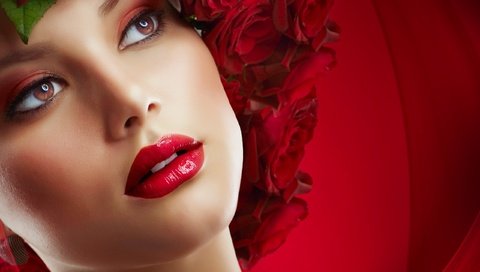 Обои глаза, цветы, девушка, розы, модель, губы, лицо, eyes, flowers, girl, roses, model, lips, face разрешение 2560x1600 Загрузить