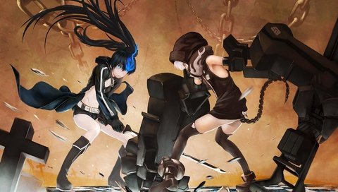 Обои devushki, оружие, ruki, bitva, битва, metallicheskie, девушки, руки, удар, катана, black rock shooter, цепи, oruzhie, weapons, battle, girls, hands, blow, katana, chain разрешение 1920x1200 Загрузить