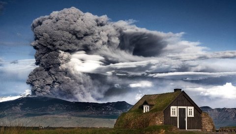 Обои горы, природа, дым, домик, вулкан, исландия, пепел, mountains, nature, smoke, house, the volcano, iceland, ash разрешение 1920x1200 Загрузить