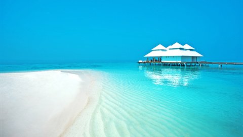 Обои море, пляж, остров, бунгало, тропики, мальдивы, sea, beach, island, bungalow, tropics, the maldives разрешение 3563x2377 Загрузить