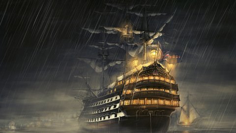 Обои ночь, море, корабль, парусник, дождь, фрегат, night, sea, ship, sailboat, rain, frigate разрешение 1920x1080 Загрузить