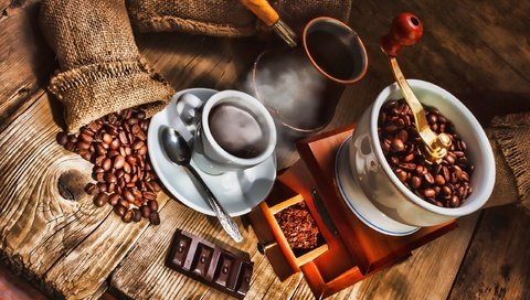 Обои кофе, шоколад, кофейные зерна, турка, кофемолка, coffee, chocolate, coffee beans, turk, coffee grinder разрешение 2560x1600 Загрузить