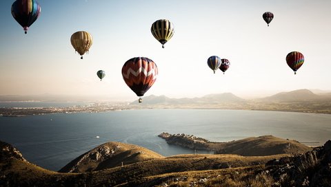 Обои небо, шары, пейзаж, залив, спорт, the sky, balls, landscape, bay, sport разрешение 2560x1600 Загрузить