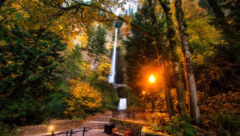 Обои пейзаж, парк, ущелье реки колумбия, штат орегон, multnomah falls, малтнома-фолс, водопад мультномах, landscape, park, the columbia river gorge, oregon разрешение 1920x1080 Загрузить