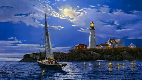 Обои арт, пейзаж, море, маяк, яхта, безмятежность, dave barnhouse, art, landscape, sea, lighthouse, yacht, serenity разрешение 2560x1600 Загрузить