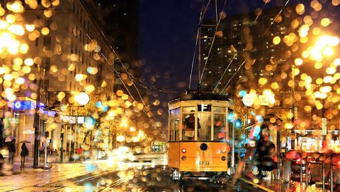 Обои ночь, дождь, трамвай, night, rain, tram разрешение 2560x1600 Загрузить