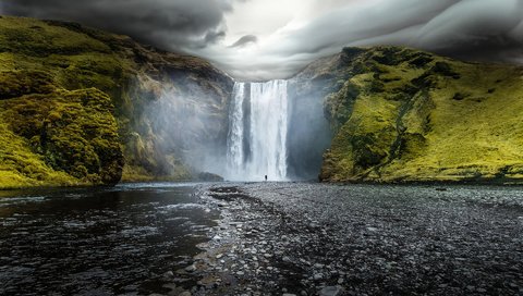 Обои скалы, водопад, исландия, скогафосс, скоугафосс, rocks, waterfall, iceland, skogarfoss, skogafoss разрешение 1920x1200 Загрузить