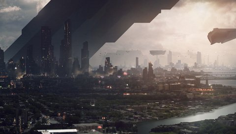 Обои ночь, река, город, небоскребы, будущее, night, river, the city, skyscrapers, future разрешение 1920x1200 Загрузить