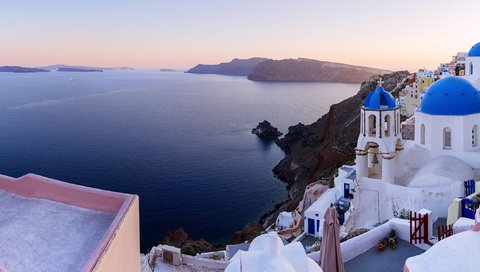 Обои греция, санторини, ойя, greece, santorini, oya разрешение 3840x1200 Загрузить