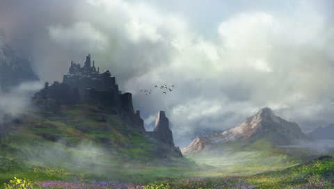Обои горы, нарисованный пейзаж, mountains, painted landscape разрешение 2560x1600 Загрузить