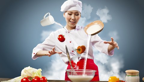 Обои девушка, улыбка, яйца, молоко, помидоры, повар, перчики, girl, smile, eggs, milk, tomatoes, cook, peppers разрешение 2560x1600 Загрузить