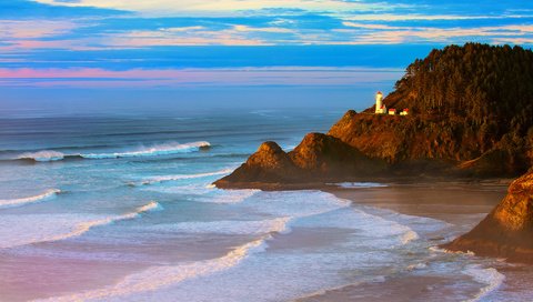 Обои море, маяк, скалистый берег, небо в цветах заката, sea, lighthouse, rocky shore, the sky in the colors of the sunset разрешение 1920x1080 Загрузить