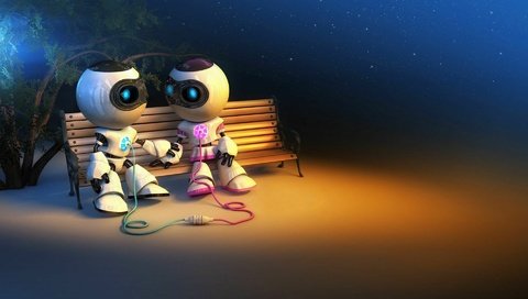 Обои любовь, роботы, лавочка, любовь под звездным небом, love, robots, shop, love under the starry sky разрешение 1920x1200 Загрузить