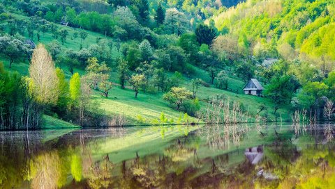 Обои деревья, озеро, отражение, склон, гора, дома, весна, trees, lake, reflection, slope, mountain, home, spring разрешение 1920x1200 Загрузить