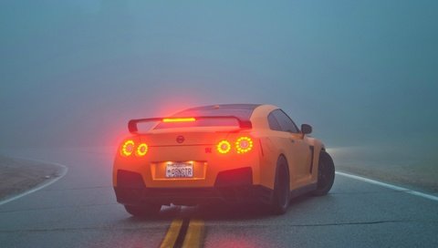 Обои туман, r35, nissan gtr, стоп-сигналы, fog, brake lights разрешение 1920x1080 Загрузить