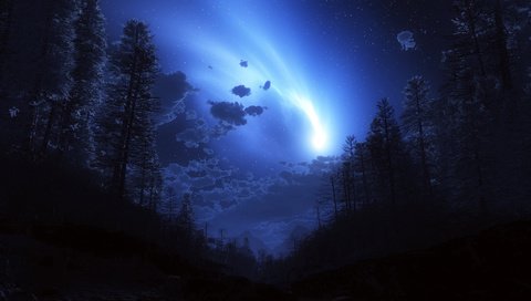 Обои ночь, лес, комета, night, forest, comet разрешение 1920x1080 Загрузить
