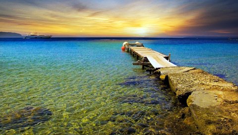 Обои небо, вода, мостик, закат, пейзаж, море, пляж, лайнер, the sky, water, the bridge, sunset, landscape, sea, beach, liner разрешение 1920x1080 Загрузить