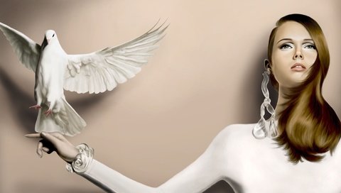 Обои арт, рука, девушка, волосы, голубь, сёрьги, art, hand, girl, hair, dove, earrings разрешение 3480x1943 Загрузить