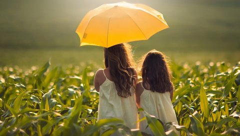 Обои поле, девочки, зонтик, field, girls, umbrella разрешение 2048x1494 Загрузить