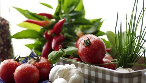 Обои зелень, овощи, помидоры, перец, чеснок, greens, vegetables, tomatoes, pepper, garlic разрешение 2048x1362 Загрузить