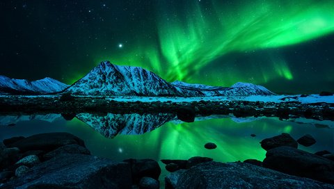 Обои ночь, горы, отражение, северное сияние, норвегия, night, mountains, reflection, northern lights, norway разрешение 1920x1200 Загрузить