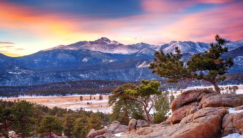 Обои горы, лес, зима, сумерки, колорадо, национальный парк, mountains, forest, winter, twilight, colorado, national park разрешение 2048x1365 Загрузить