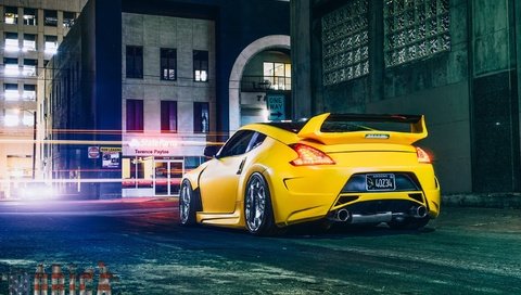 Обои желтый, город, скорость, улица, автомобиль, ниссан, 370z, z34, yellow, the city, speed, street, car, nissan разрешение 2560x1600 Загрузить