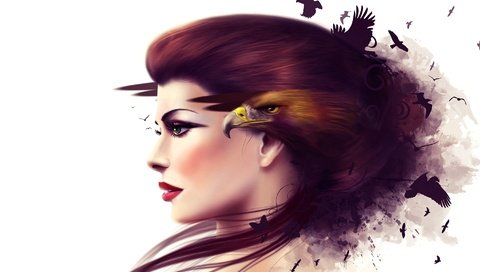 Обои девушка, орел, профиль, птица, клюв, лицо, коллаж, girl, eagle, profile, bird, beak, face, collage разрешение 1920x1302 Загрузить