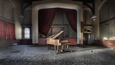 Обои музыка, зал, пианино, рояль, заброшеный, music, hall, piano, abandoned разрешение 1920x1200 Загрузить