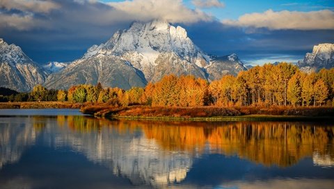 Обои утро, осень, сша, вайоминг, штат, национальный парк гранд-титон, oxbow bend, morning, autumn, usa, wyoming, state, national park grand teton разрешение 2048x1270 Загрузить