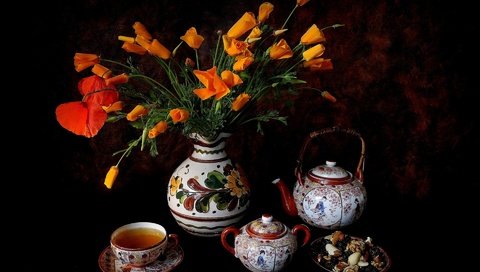 Обои цветы, эшшольция, орехи, фон, маки, чашка, чай, чайник, натюрморт, flowers, escholzia, nuts, background, maki, cup, tea, kettle, still life разрешение 1920x1440 Загрузить