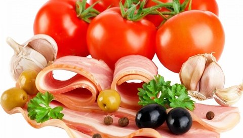 Обои зелень, бекон, белый фон, овощи, мясо, помидоры, оливки, маслины, чеснок, специи, spices, greens, bacon, white background, vegetables, meat, tomatoes, olives, garlic разрешение 1920x1440 Загрузить