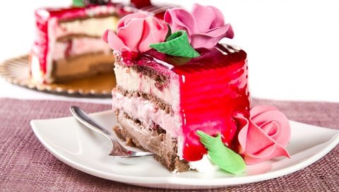 Обои крем для торта, розы, розовый, шоколад, торт, десерт, желе, кусочек, cream cake, roses, pink, chocolate, cake, dessert, jelly, piece разрешение 1920x1306 Загрузить