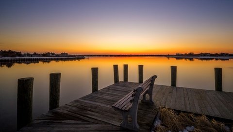 Обои озеро, закат, горизонт, мост, скамья, lake, sunset, horizon, bridge, bench разрешение 2583x1622 Загрузить