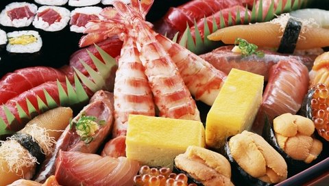 Обои сыр, икра, японская еда, роллы, морепродукты, креветки, блюда, cheese, caviar, japanese food, rolls, seafood, shrimp, meals разрешение 1920x1362 Загрузить