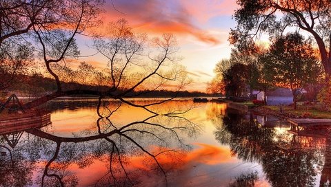 Обои небо, река, дерево, берег, закат, отражение, the sky, river, tree, shore, sunset, reflection разрешение 2048x1152 Загрузить
