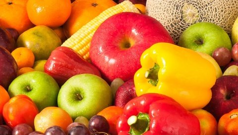 Обои виноград, дыня, фрукты, перец болгарский, яблоки, кукуруза, овощи, помидоры, мандарины, перец, grapes, melon, fruit, apples, corn, vegetables, tomatoes, tangerines, pepper разрешение 1920x1920 Загрузить