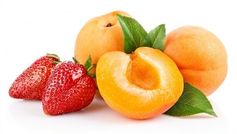 Обои фрукты, клубника, ягоды, белый фон, абрикосы, fruit, strawberry, berries, white background, apricots разрешение 1920x1250 Загрузить