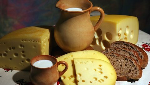 Обои сыр, кружка, хлеб, молоко, кувшин, нарезка, cheese, mug, bread, milk, pitcher, cutting разрешение 1920x1200 Загрузить