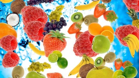 Обои виноград, киви, малина, банан, фрукты, кокос, ананас, апельсины, клубника, ягоды, яблоко, лайм, grapes, kiwi, raspberry, banana, coconut, fruit, pineapple, oranges, strawberry, berries, apple, lime разрешение 1920x1080 Загрузить