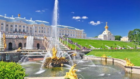 Обои фонтан, россия, дворец, санкт-петербург, петергоф, петродворец, fountain, russia, palace, saint petersburg, peterhof, petrodvorets разрешение 3500x2186 Загрузить